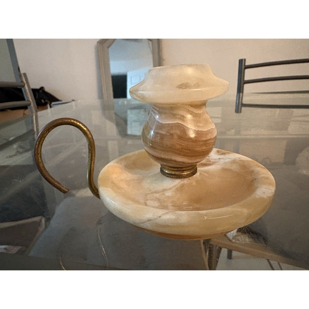 Vintage Onyx Marble Candle Holder Brass Handle Handled Chamberstick Dish